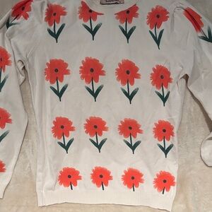 Floral Print Sweater - White and Orange